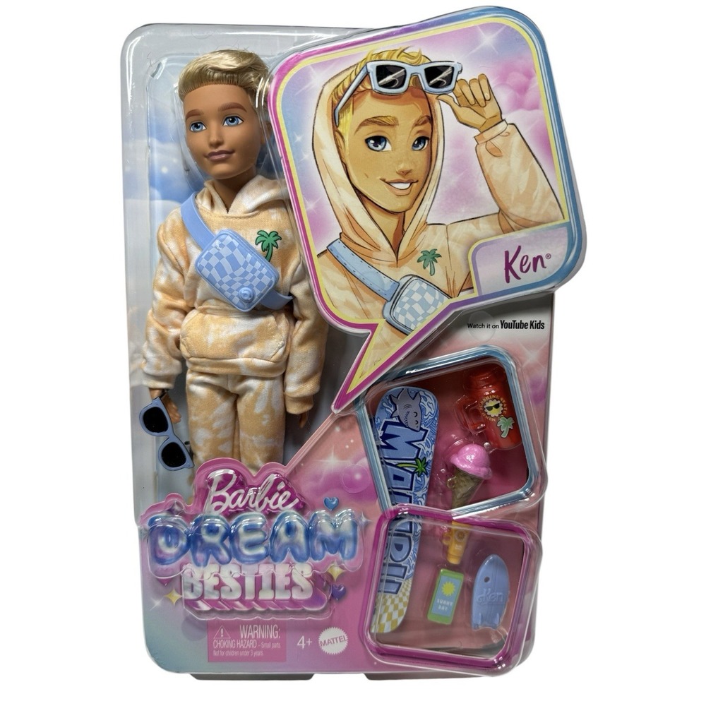 Barbie Dream Besties Ken 11" Fashion Doll with 9 Summer and Skateboard Themed